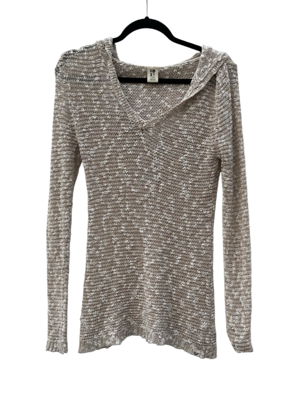 Roxy Beige & White Marled V-Neck Sweater - hooded- Fitted look with Stretch -LG